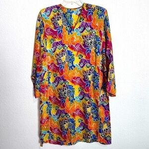 Handcrafted Vintage Silk Brocade Multi Color Boho Indie Shift Dress Cover Up M